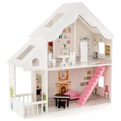 Costzon Kids Wooden Dollhouse, 2-in-1 Cottage Dollhouse Bookcase w/ 6 Rooms and Hidden Storage, 2 Tiers Pretend Toy Set w/ 8 PCS Furniture for Toddlers Playroom, Nursery, Gift for Girls & Boys (White)