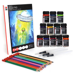 Marabu Watercolor Paint Set for Beginners - Watercolor Paper, 20 Sheets A4 220 GSM - Watercolor Inks, Watercolor Pencils and Water-Fillable Brush Set - Watercolor Paint Kit for Adults and Kids