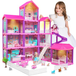 beefunni Doll House, 4 Stories 11 Rooms Dollhouse for Girls with 2 Dolls Furniture & Accessories, Dollhouse 4-5 Year Old, Doll House 2023 Christmas New Gifts for 3 4 5 6 7 8+ Year Old Girls Toys