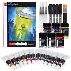 Marabu Watercolor And Mixed Media Set - Quality Watercolor Paper 20 Sheets, A4 220 GSM - 12 Watercolor Paint Tubes, 6 Watercolor Inks, 4 Black Fineliner Pens, and 3 Water Fillable Brushes