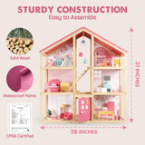 Tiny Land Wooden Dollhouse for Girls - 6 Rooms Wooden Doll House, DIY Pretend Dream House with 30Pcs Furniture Accessories, Gift for Girl Ages 3+