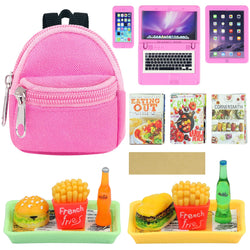 18INDC 15 Pcs Doll Accessories Miniature Laptop Computer Tablet Phone Mini Backpack and Mini Food Including Burger Soda Set and Burger Hot Dog Set and Gourmet Magazine for 11.5 inch Doll