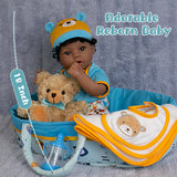 Milidool Reborn Baby Dolls Black Boy - 18 Inch Soft Skin Cute Baby Dolls - Cloth Body Newborn Baby Dolls That Look Real Black Baby Dolls Blue Basket - Gift Toys for Girls