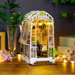 DIY Book Nook Kit 3D Wooden Puzzle Bookshelf Insert Decor with LED Light DIY Miniature Dollhouse Model Kit Building Kits Bookshelf Insert Bookend for Birthday Gift (White)