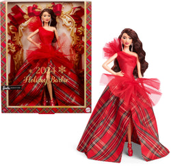 Barbie 2024 Holiday Barbie Dolls, Seasonal Collector Toy, Barbie Signature, Plaid Gown with Red Bow, Displayable Packaging, Dark Brown Hair