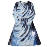 Metal Blue Wave All-over print long sleeve midi dress