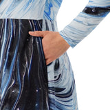 Metal Blue Wave All-over print long sleeve midi dress