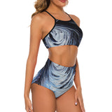 Metalic Blue Wave Cute Suspender Two Piece Bikini Swimsuit