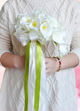 White Wedding Bouquet Silk Flowers Beaded Ribbon Bow Cascading Bridal Bouquet