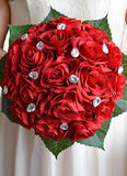 Wedding Flowers Bouquet Red Rhinestones Ribbons Bow Hand Tied Silk Flowers Bridal Bouquet