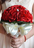 Wedding Flowers Bouquet Red Rhinestones Ribbons Bow Hand Tied Silk Flowers Bridal Bouquet