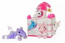 Plush Unicorn Castle with Animals - Five (5) Stuffed Animal Unicorns in Play Carrying Castle Case - White