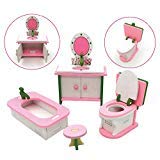 X Hot Popcorn Wooden Colorful Dolls House Furniture Toys Set Miniature Models DIY Assembled Toys (Bathroom Room)