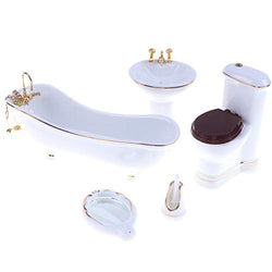 1:12 Dollhouse Miniature Porcelain Bathroom Set 5 PCS White Ceramic Toilet Basin Bathtub Mirror Miniature Furniture Doll Accessories for Bathroom Cake Topper Toy Fairy House Furniture Miniature Toys