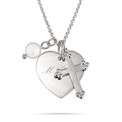Things Remembered Personalized Girls’ Sterling Silver Cross and Pearl Charm Necklace with Engraving Included