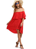 Romwe Women's Off The Shoulder Ruffle Casual Loose Shift Dress red L