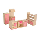 Kisoy Wooden Dollhouse Furniture Set for Kid and Children (4 PCS Including Kitchen Bathroom Bedroom High and Low Bed)