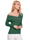 Romwe Women's Casual Cross Off Shoulder Deep V Neck Ribbed Knit Slim Wrap Tee Shirt Blouse Deep Green Medium