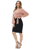 GRACE KARIN Women's Wrap Business Dress for Work Slim Fit Pencil Dress with Long Sleeve Pink-Black XL