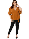 Romwe Women's Plus Size Short Sleeve Deep V Neck Self Belted Casual Peplum Wrap Blouse Orange 2XL