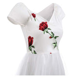 Women 1950s Vintage Pinup Audrey Hepburn Rockabilly Swing Off Shoulder Rose Floral Cocktail Party Dress #B: White M