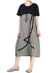 Mordenmiss Women's Cotton Linen Dresses Color Block Short Sleeve T-Shirt Dress with Pockets Gray XL