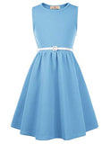 GRACE KARIN Girls Retro Sleeveless Floral Printed Swing Dresses with Belt Powder Blue