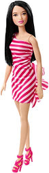 Barbie Doll, Brunette Wearing Glitzy Pink & White Striped Party Dress & Pink Shoes, Gift for 3 to 7 Year Olds