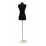 (JF-F2/4BK+BS-04) Size 2-4 Premium Black Female Fully Pinnable Mannequin Dress Form with Round Brushed Metal Base and Neck Top.