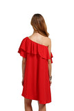 Romwe Women's Off The Shoulder Ruffle Casual Loose Shift Dress red L