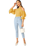Romwe Women's Cute Cold Shoulder Ruffle Half Sleeve Slim Fit Blouse Tops Yellow Medium