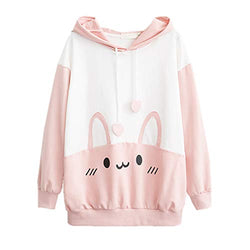 Bunny Hoodie Kawaii Print Loose Casual Pullover Hoodie Tops (Pink, L)