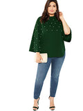 Romwe Women's Plus Elegant Pearls Beaded Long Sleeve Blouse Top Green 1XL