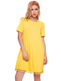 Romwe Women's Summer Short Sleeve Pocket Tassel Hem Loose Tunic T-Shirt Dress Yellow S