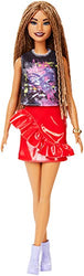 Barbie Fashionistas Doll with Long Braided Hair Wearing Girl Power T-Shirt, Red Pleather Skirt and Accessories, for 3 to 8 Year Olds