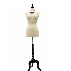 (JF-F6/8W+BS-ATQ-BK) Size 6-8 Premium White Female Fully Pinnable Mannequin Dress Form with Antique Style Tripod Oakwood Base with Cap