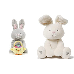 GUND Amazon Exclusive Easter Bunny with Basket, Gray, 10" & GUND Animated Flora The Bunny Stuffed Animal Kids Toys Plush, Cream, 12"