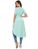 Romwe Women's Irregular Hem Short Sleeve Belted Flare Peplum Ruffle Blouse Shirts Top Green L