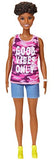 Barbie Fashionistas Doll with Short Curly Brunette Hair Wearing “Good Vibes Only” Camo Tank, Shorts and Accessories, for 3 to 8 Year Olds