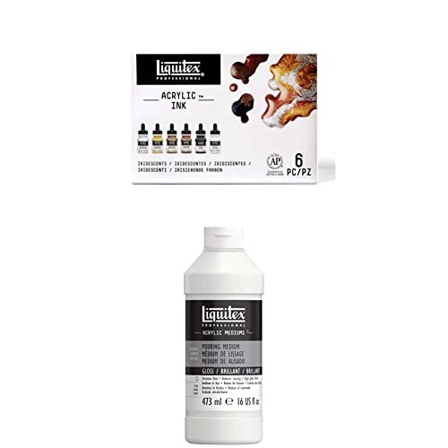 Liquitex Professional Pouring Medium + Acylic Ink Set, 6 Iridescent Colors