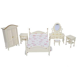 Zerodis 6Pcs/Set Dollhouse Bedroom Set 1:12 Scale Wooden Mini Furniture Accessories Bed Table Wardrobe Stool Ornament Decor