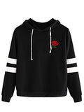 DIDK Women's Embroidered Rose Patch Stripe Sleeve Hoodie Sweatshirt Black S