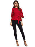 Romwe Women's Split Half Sleeve Zipper Belted Knot Drap Casual Blouse Top Red L