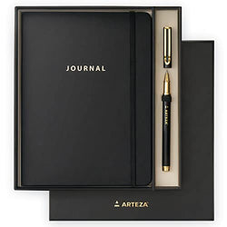 Arteza Journal Gift Set, 6 x 8 Inches, 96-Sheet Notebook with Double-Sided Lined Paper and 1 Black Ink Pen, Black Design, Office Supplies for Graduates, Students, and Teachers