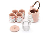 Hinomaru Collection Japanese Neko Cat Kitten Design Tea Set Ceramic Teapot with Strainer, Rattan Handle and 4 Tea Cups