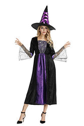 Gothic Witch Costume for Women Sorceress Dress Spider Wicked Witch Hat Dress Up Costumes Purple M