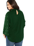 Romwe Women's Plus Elegant Pearls Beaded Long Sleeve Blouse Top Green 1XL