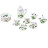 1:12 Miniature Dollhouse Tea Cup Set Pack of 15 PCS Porcelain Tea Cup Dish Pot Mini Shamrocks Tea Set Dollhouse Accessory (Green)