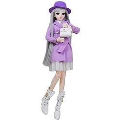 Proudoll 1/3 BJD Doll 60cm 24Inches Ball Jointed SD Dolls Move Joints Action Figures Fashion Girl Caroline + Hat + Wig + Coat + Dress + Crossbody Bag + Boots (Purple)