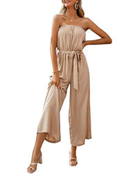 Miessial Women's Strapless Wide Leg Jumpsuits Solid Color Belted Casual Long Jumpsuits Rompers Beige 4-6